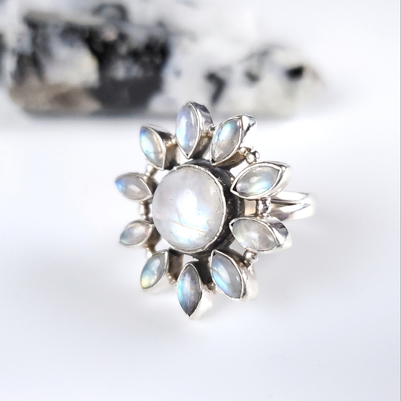925 Sterling Silver Flower Starburst Rainbow Moonstone Ring New Size 7.75 - Picture 10 of 16